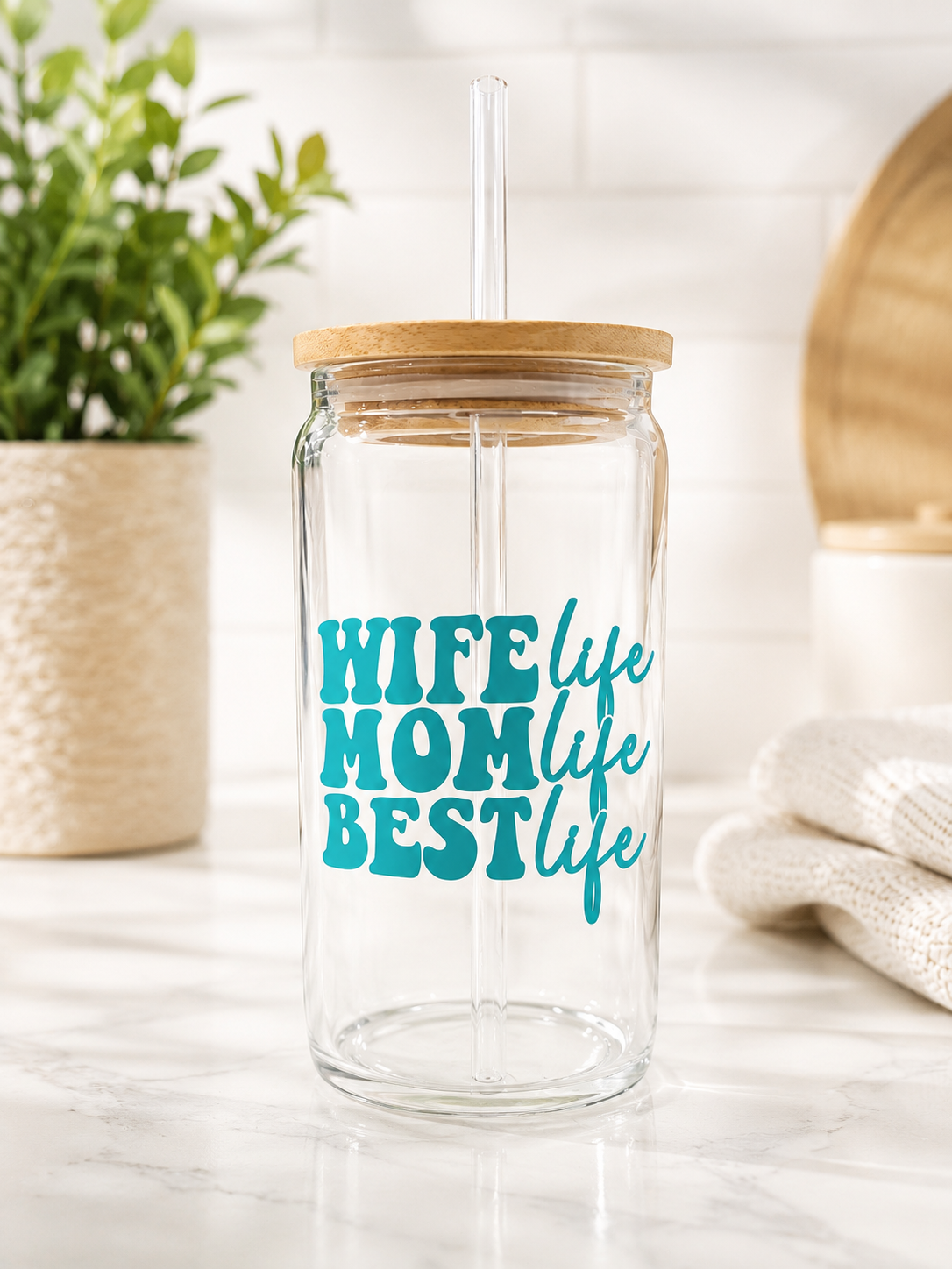 16 oz “Wife Life Mom Life Best Life” Glass Tumbler