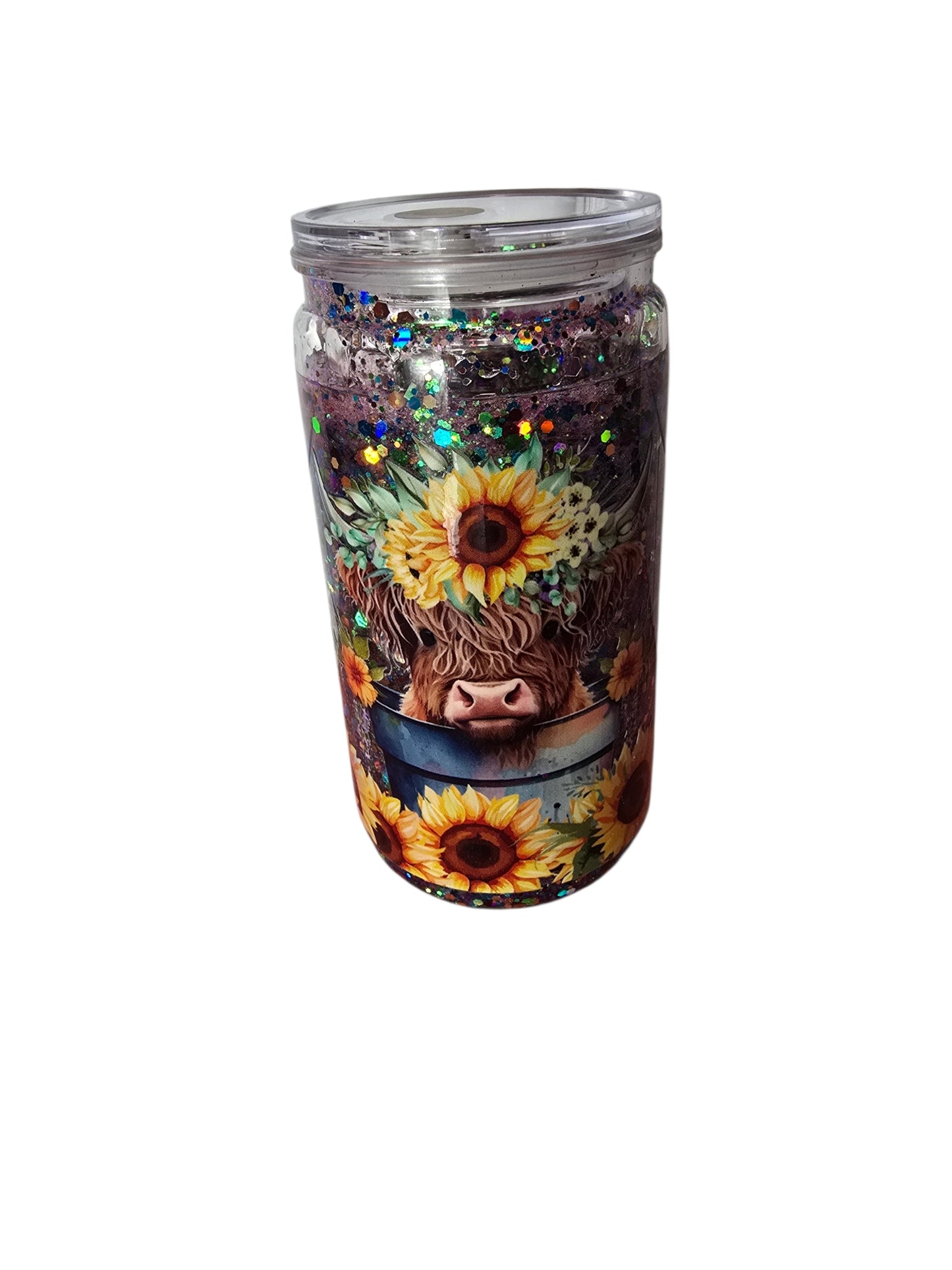 16 oz Sunflower Highland Cow Acrylic Snowglobe Tumber