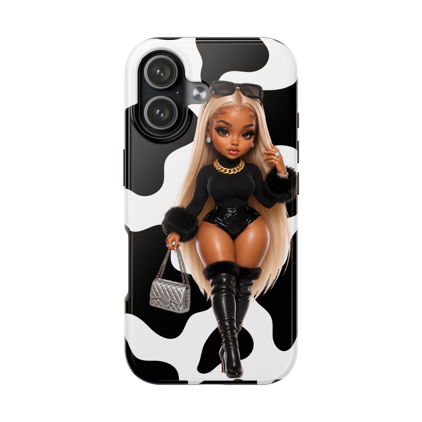 Diva Doll Cow Print Tough Phone Case – Glam Black Fashion Phone Cover