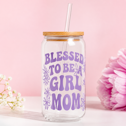 Blessed to Be a Girl Mom Cup – 16oz Glass with Bamboo Lid