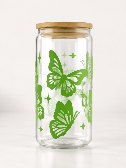 16 oz Custom Butterfly Glass Can with Bamboo Lid & Straw